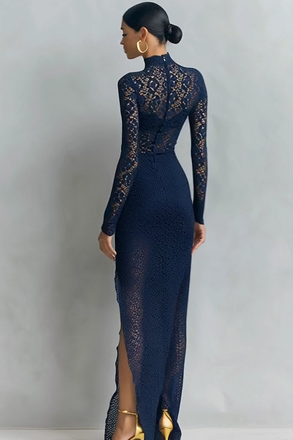 Navy Lace Mermaid High Neck Maxi Formal Dress with Sleeves