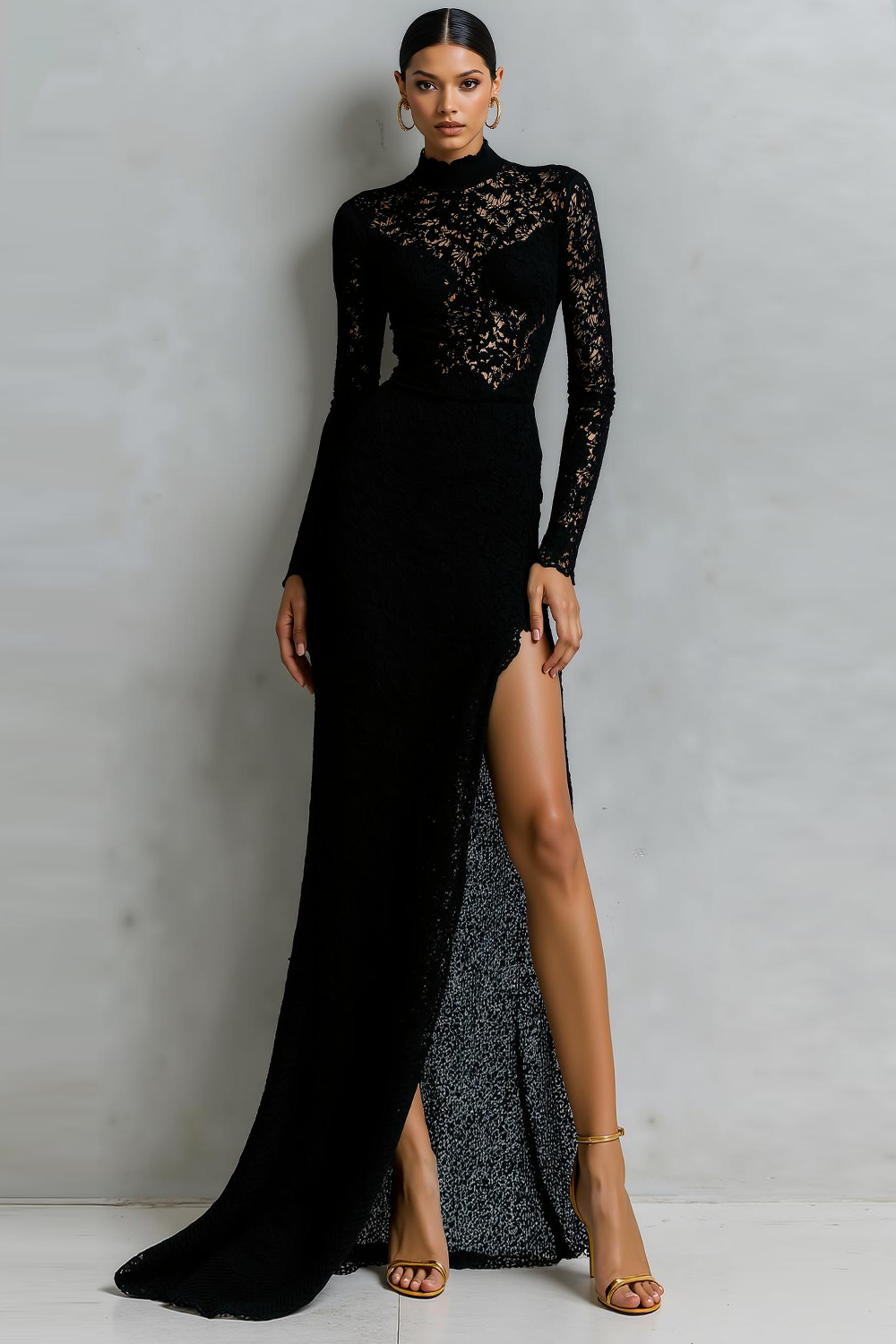 Navy Lace Mermaid High Neck Maxi Formal Dress with Sleeves