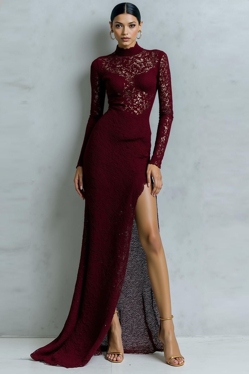 Navy Lace Mermaid High Neck Maxi Formal Dress with Sleeves