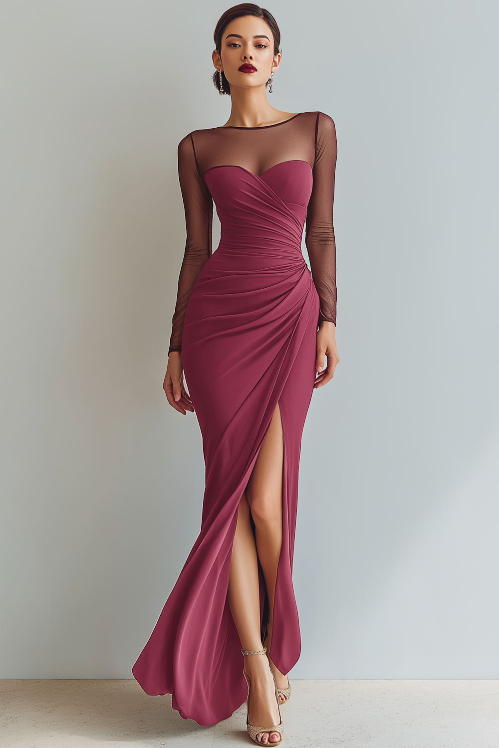 Cabernet Ruched Mermaid Illusion Neck Long Formal Dress with Silt