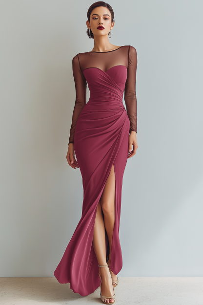 Cabernet Ruched Mermaid Illusion Neck Long Formal Dress with Silt