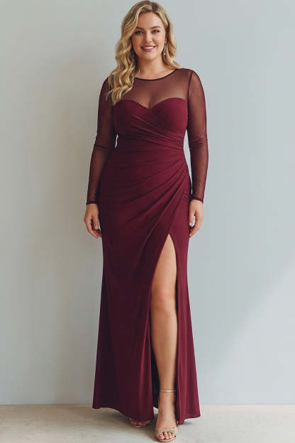 Plus Size Black Mermaid Ruched Illusion Neck Maxi Formal Dress with Silt