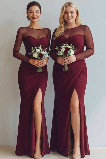 Cabernet Ruched Mermaid Illusion Neck Long Formal Dress with Silt