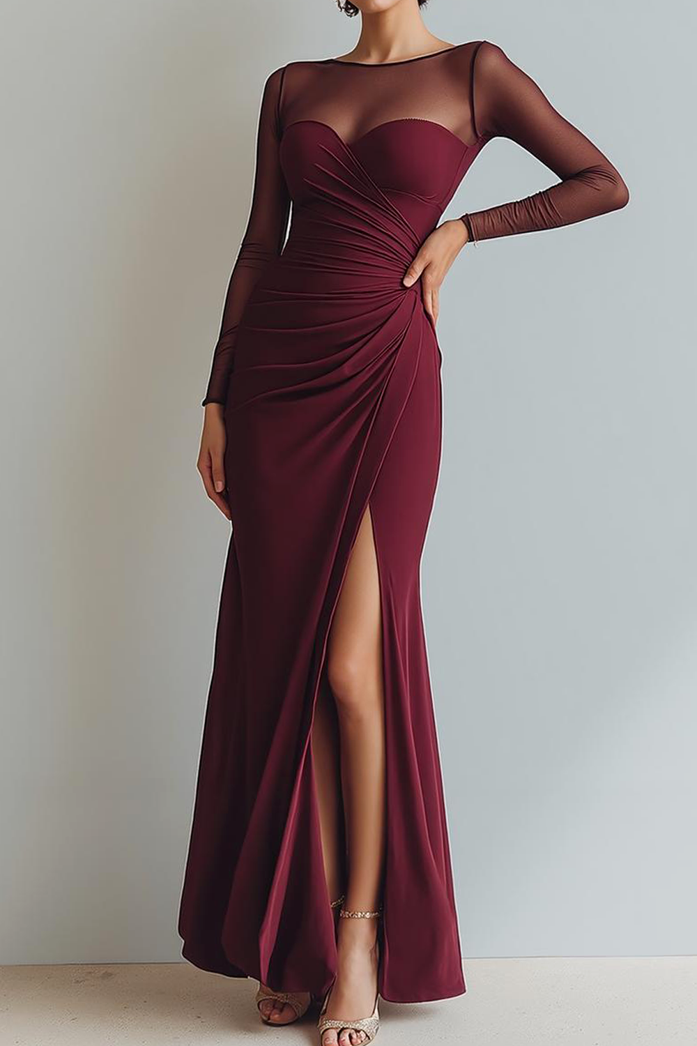 Cabernet Ruched Mermaid Illusion Neck Long Formal Dress with Silt