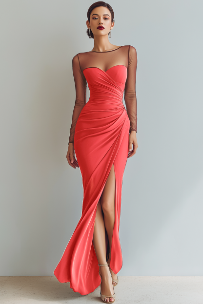 Leely Women Cabernet Mermaid Long Formal Dress with Slit Ruched Illusion Neck Evening Dress with Sleeves