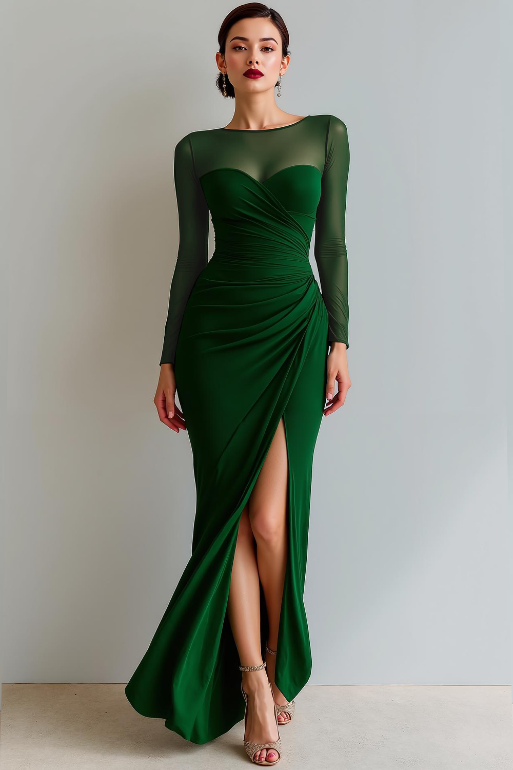 Plus Size Black Mermaid Ruched Illusion Neck Maxi Formal Dress with Silt