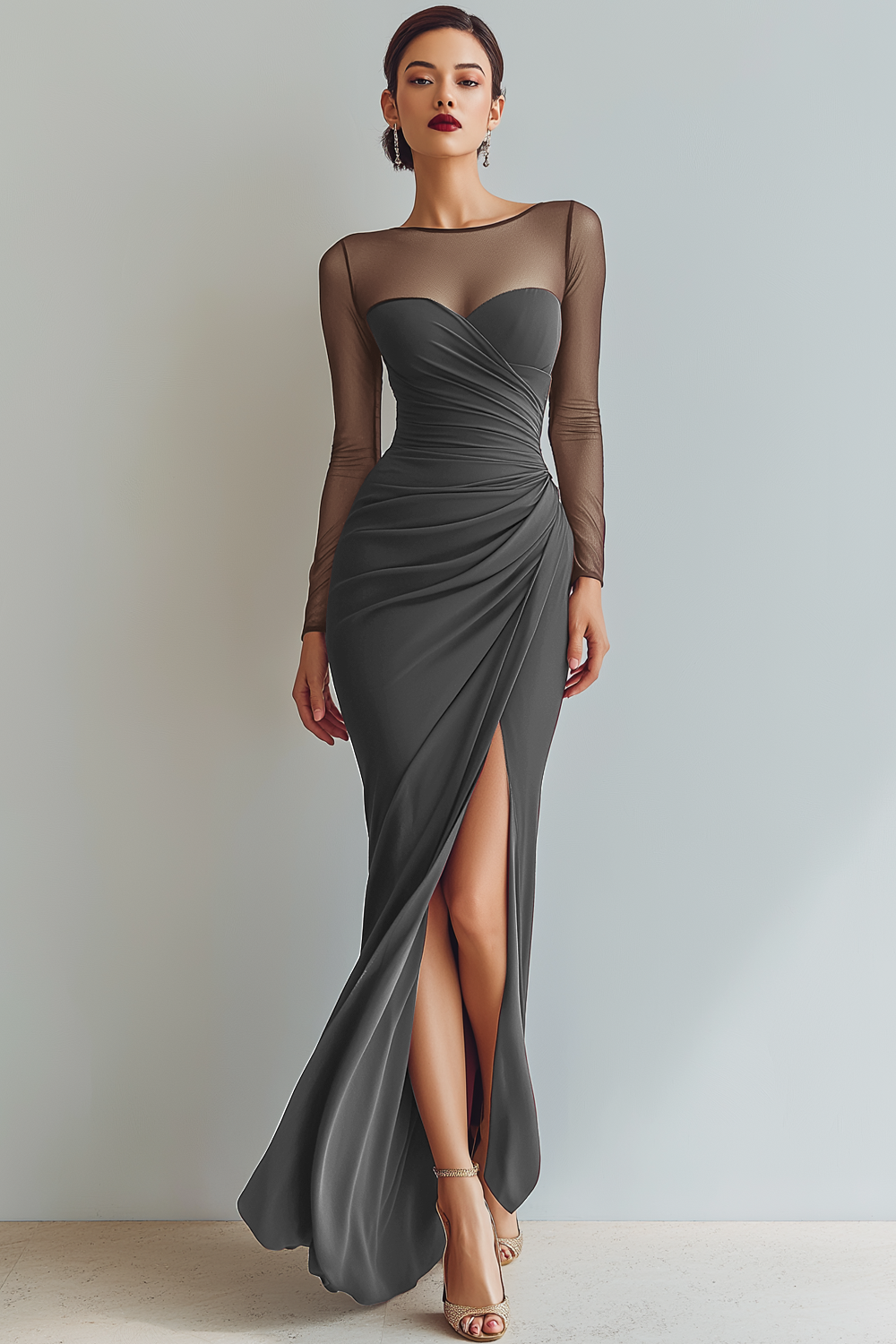 Cabernet Ruched Mermaid Illusion Neck Long Formal Dress with Silt