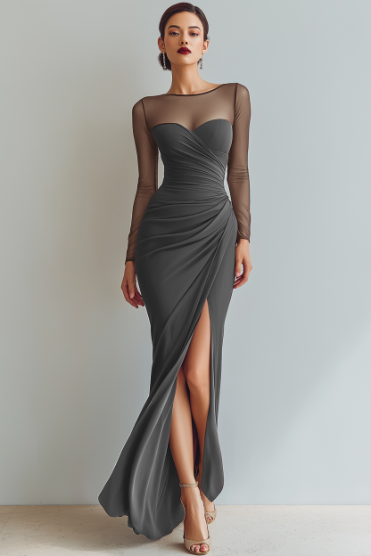 Cabernet Ruched Mermaid Illusion Neck Long Formal Dress with Silt