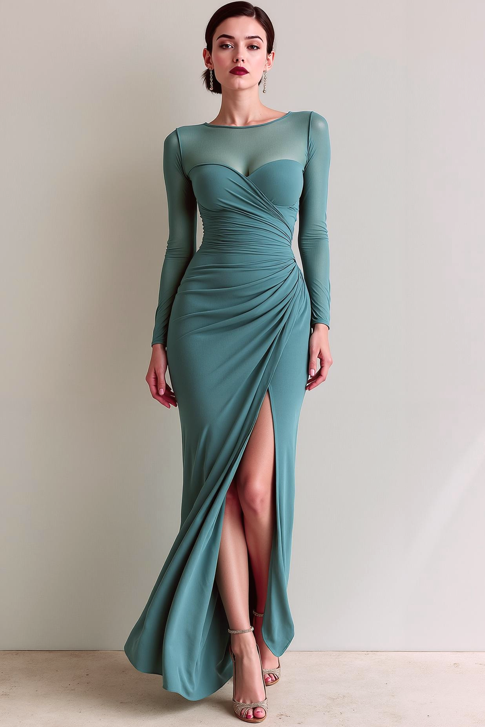 Cabernet Ruched Mermaid Illusion Neck Long Formal Dress with Silt