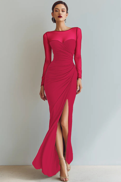 Cabernet Ruched Mermaid Illusion Neck Long Formal Dress with Silt