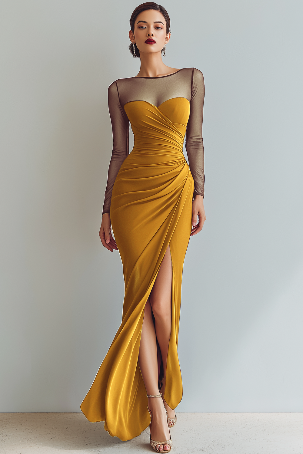 Cabernet Ruched Mermaid Illusion Neck Long Formal Dress with Silt