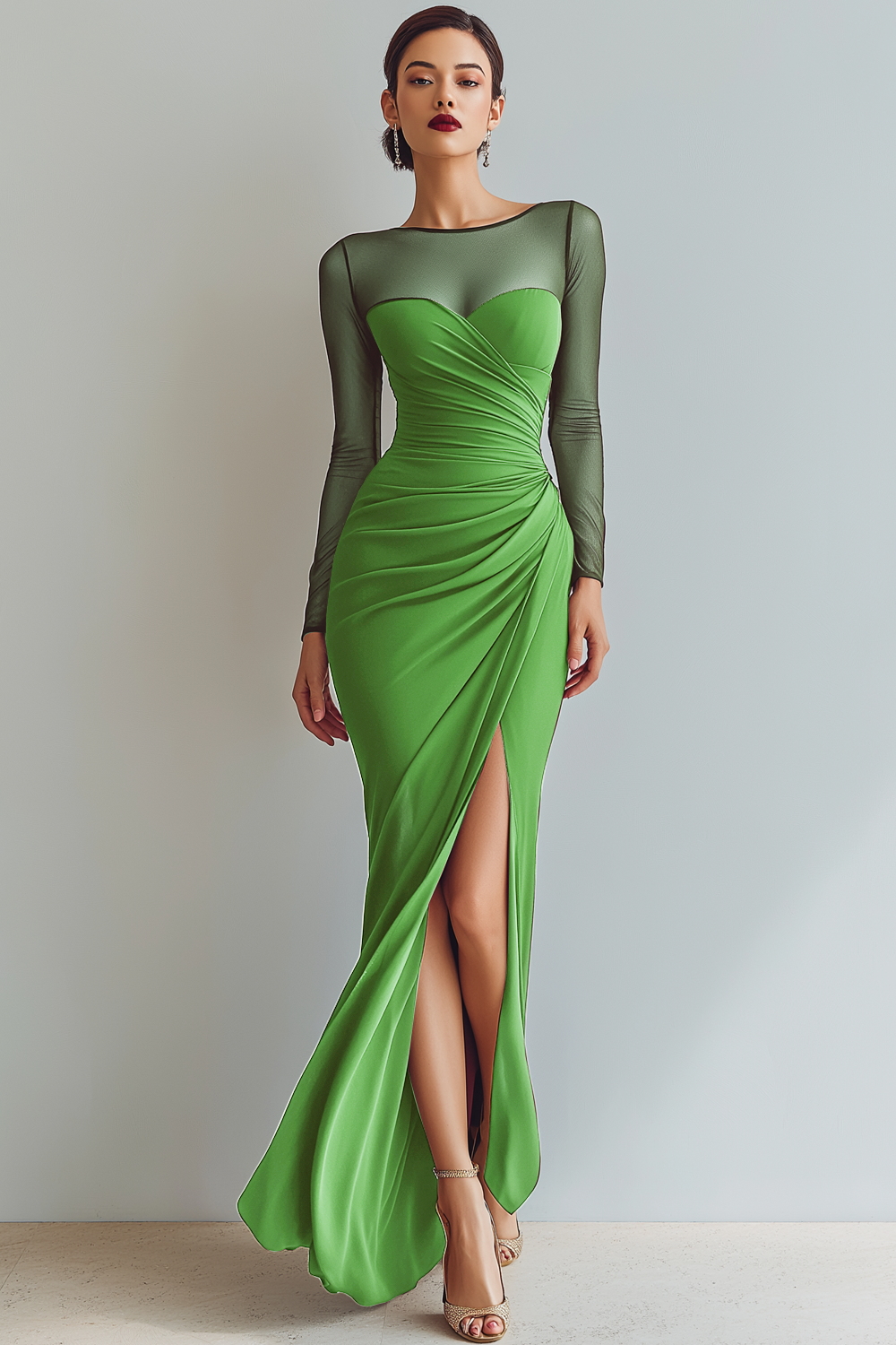 Cabernet Ruched Mermaid Illusion Neck Long Formal Dress with Silt