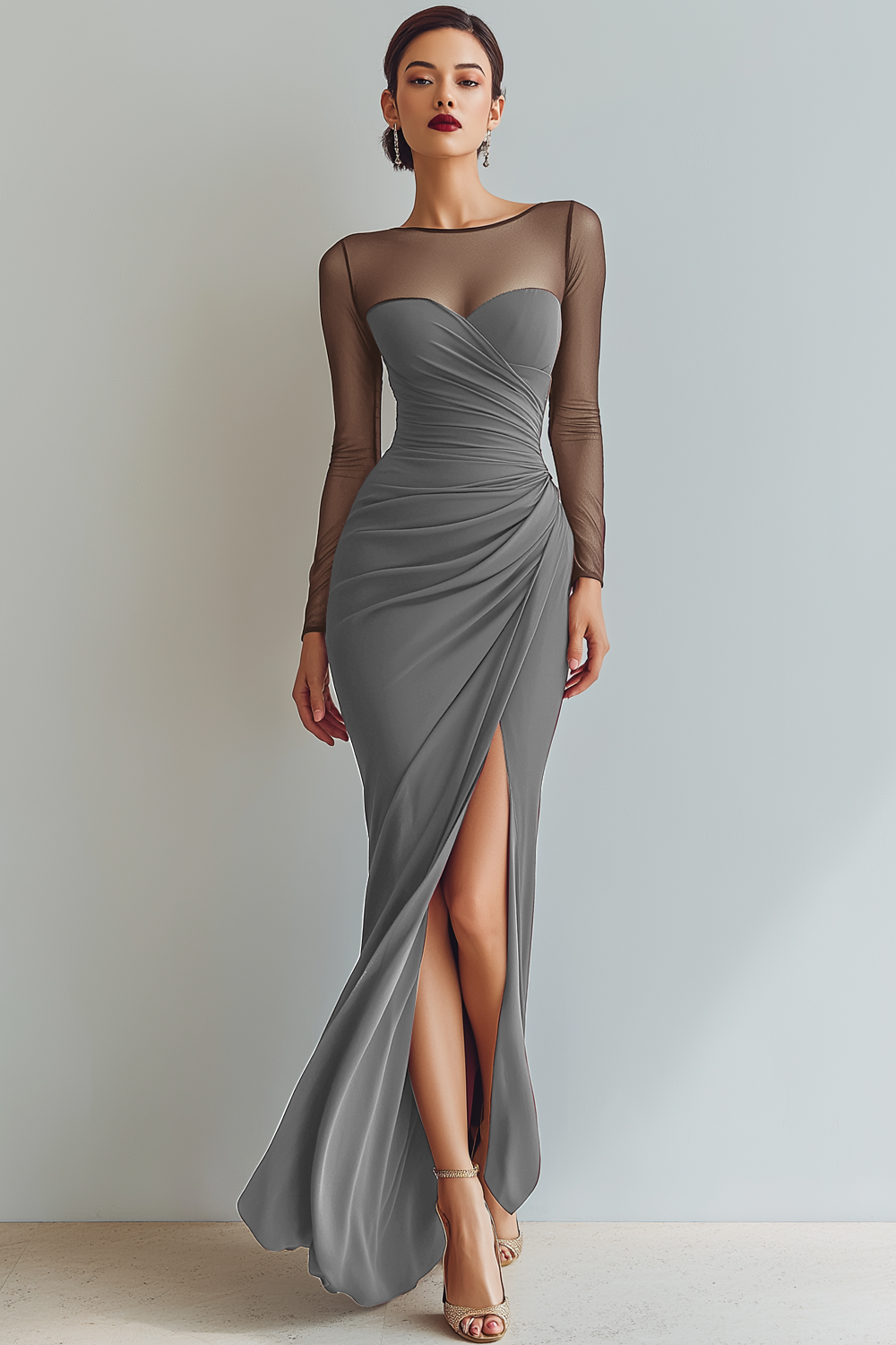 Cabernet Ruched Mermaid Illusion Neck Long Formal Dress with Silt
