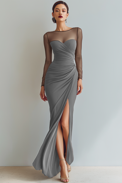 Cabernet Ruched Mermaid Illusion Neck Long Formal Dress with Silt