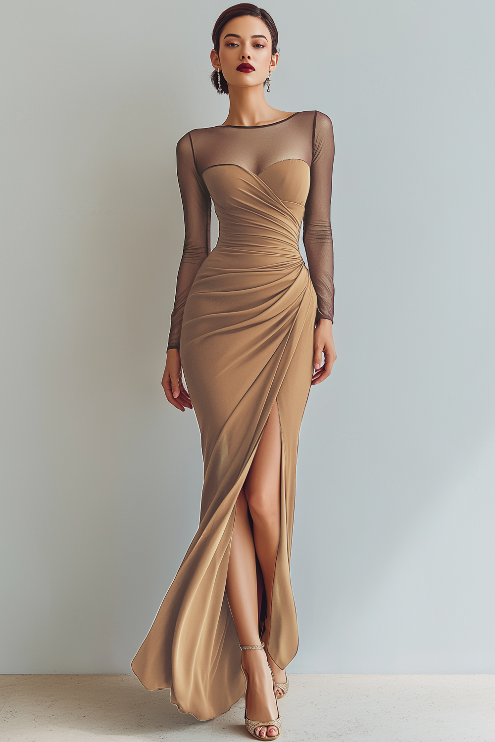Cabernet Ruched Mermaid Illusion Neck Long Formal Dress with Silt