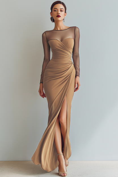 Cabernet Ruched Mermaid Illusion Neck Long Formal Dress with Silt