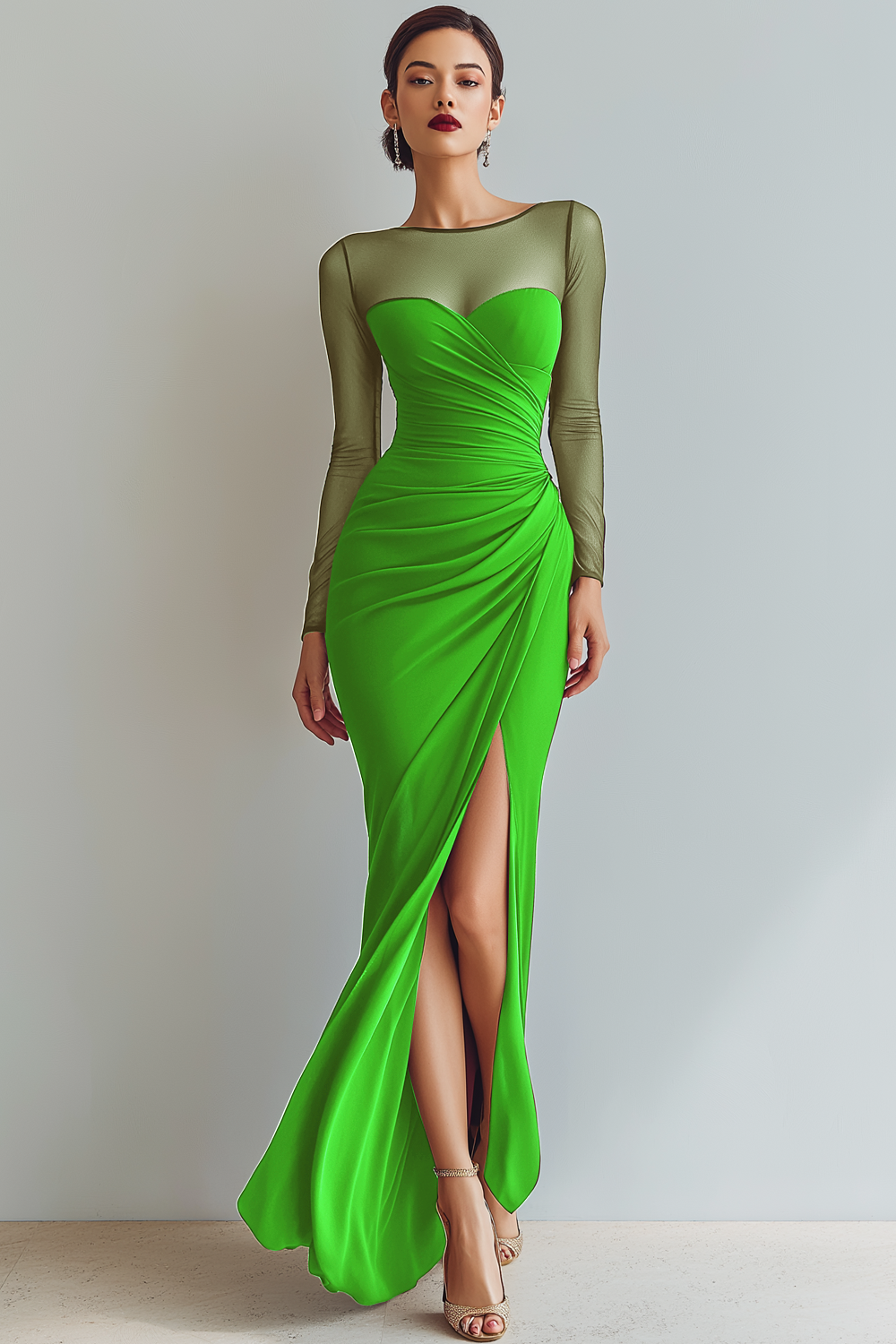 Plus Size Black Mermaid Ruched Illusion Neck Maxi Formal Dress with Silt