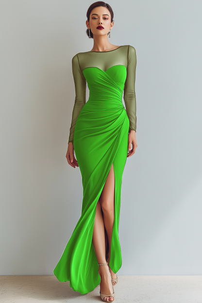 Plus Size Black Mermaid Ruched Illusion Neck Maxi Formal Dress with Silt