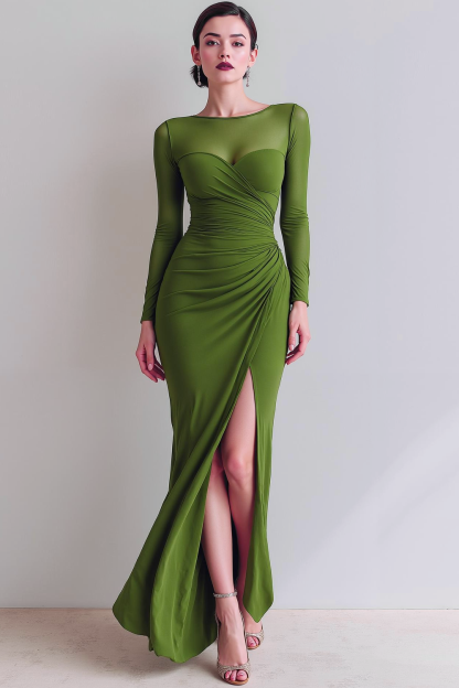 Cabernet Ruched Mermaid Illusion Neck Long Formal Dress with Silt