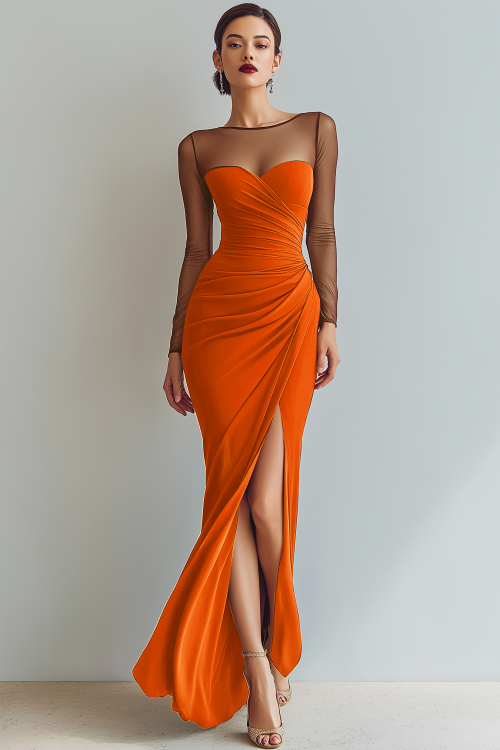 Cabernet Ruched Mermaid Illusion Neck Long Formal Dress with Silt