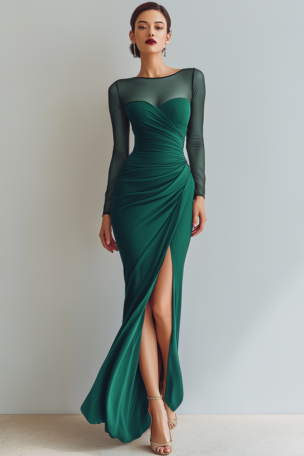 Cabernet Ruched Mermaid Illusion Neck Long Formal Dress with Silt