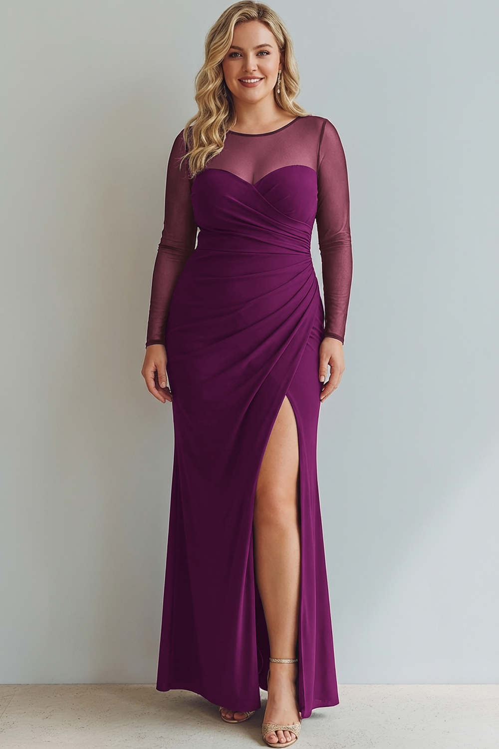 Cabernet Ruched Mermaid Illusion Neck Long Formal Dress with Silt