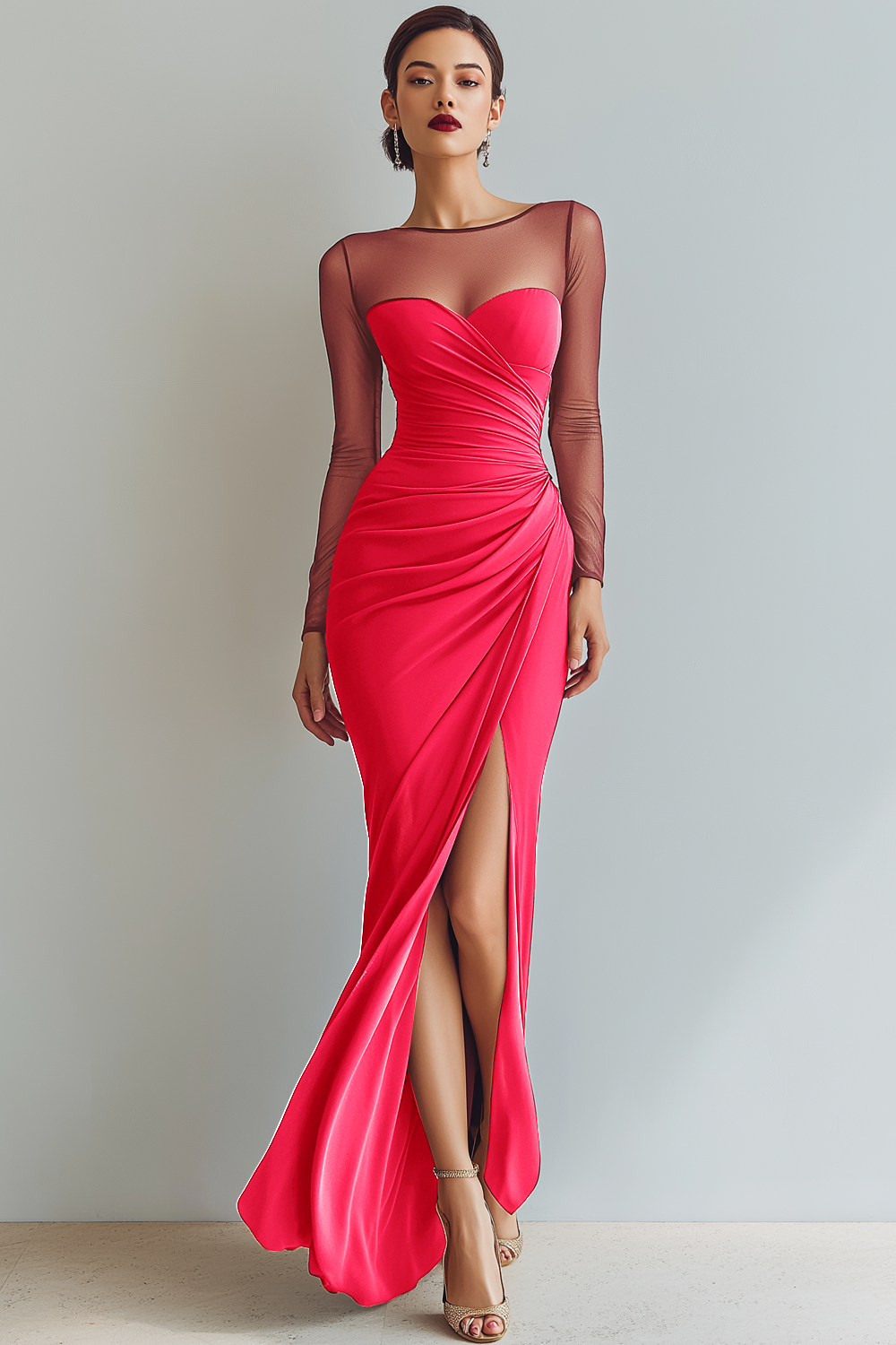 Cabernet Ruched Mermaid Illusion Neck Long Formal Dress with Silt