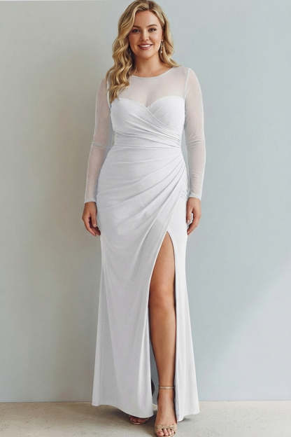 Leely Women Plus Size Mermaid Black Long Formal Dress with Silt Ruched Illusion Neck Evening Dress with Sleeves