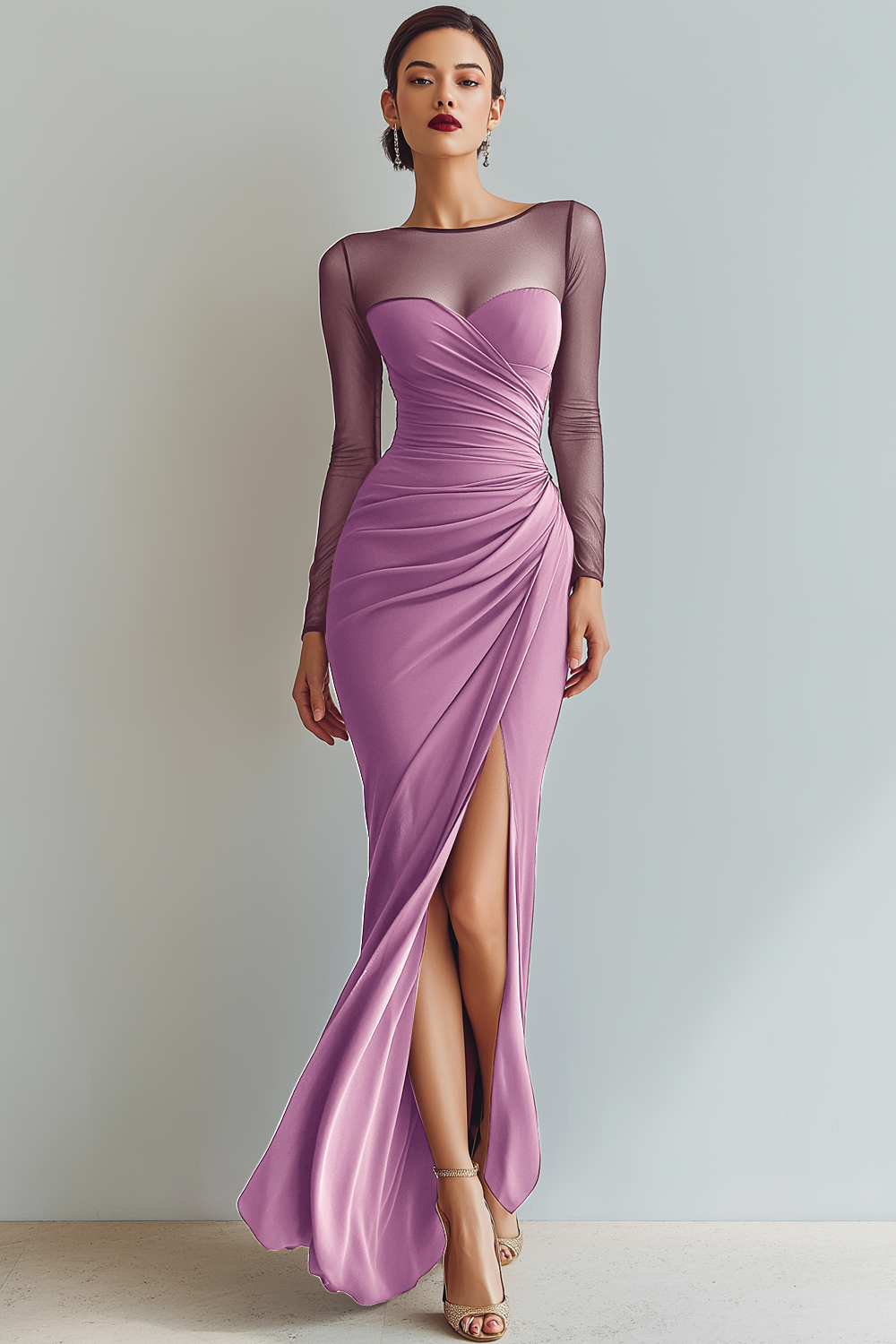 Cabernet Ruched Mermaid Illusion Neck Long Formal Dress with Silt