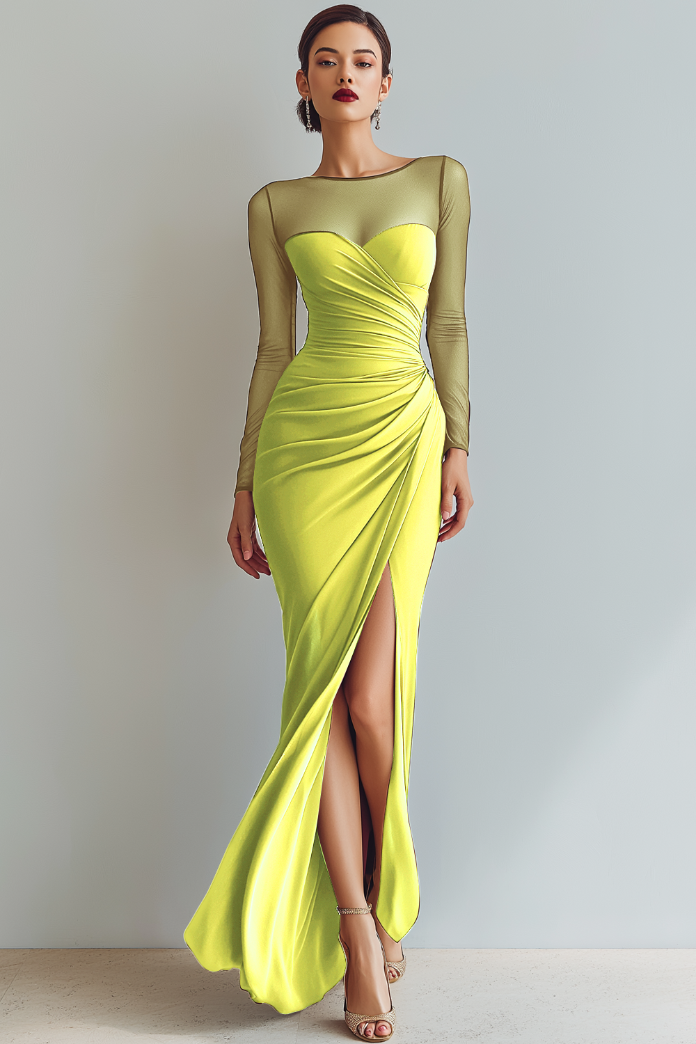 Cabernet Ruched Mermaid Illusion Neck Long Formal Dress with Silt