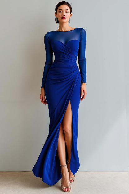 Cabernet Ruched Mermaid Illusion Neck Long Formal Dress with Silt