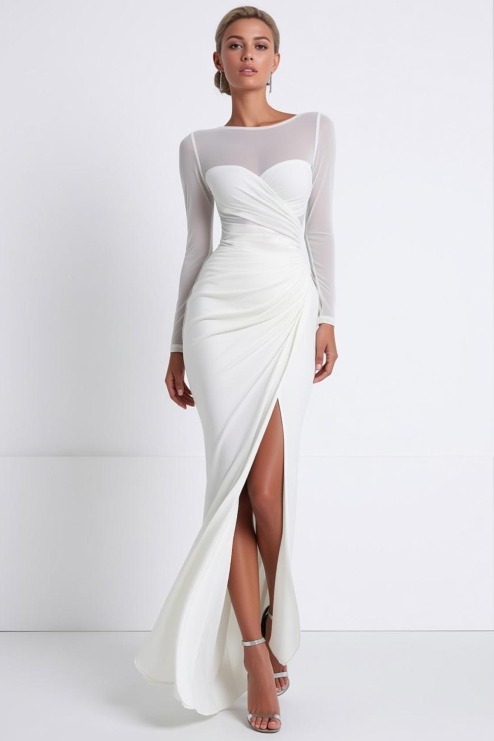 Plus Size Black Mermaid Ruched Illusion Neck Maxi Formal Dress with Silt