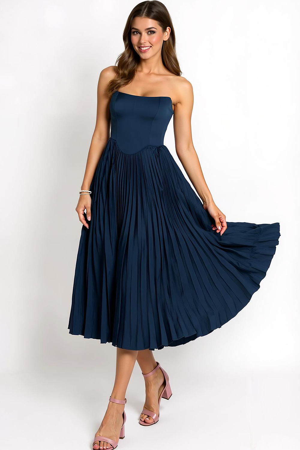 Navy Satin A Line Strapless Pleated Midi Wedding Guest Dress