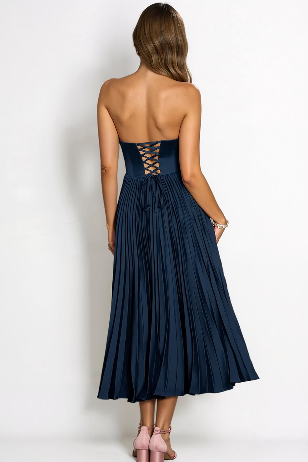 Navy Satin A Line Strapless Pleated Midi Wedding Guest Dress