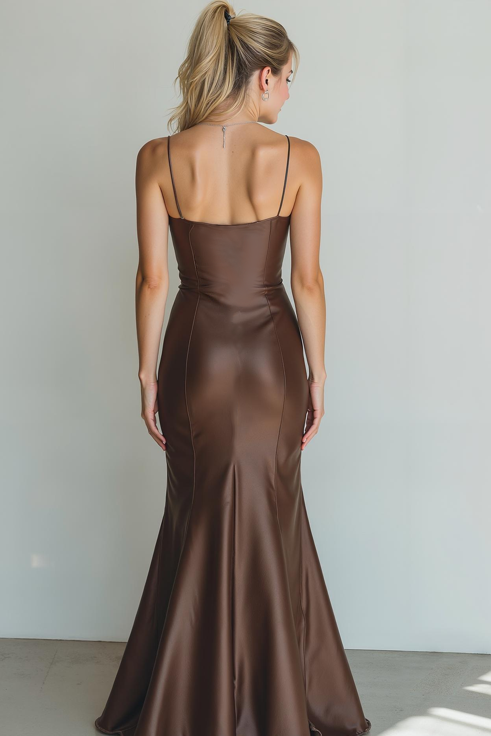 Brown Satin Mermaid Spaghetti Straps Maxi Formal Dress