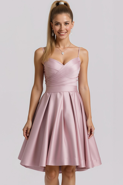 Leely Women Pink Satin A Line Short Wedding Guest Dress Ruched Spaghetti Straps Wedding Party Dress