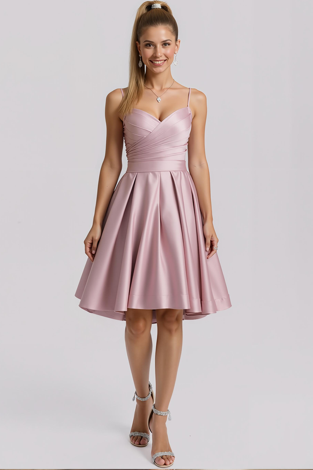 Pink Satin Ruched A Line Short Wedding Guest Dress