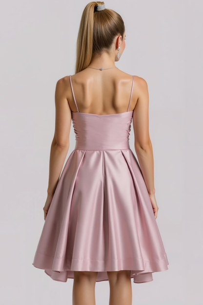 Pink Satin Ruched A Line Short Wedding Guest Dress