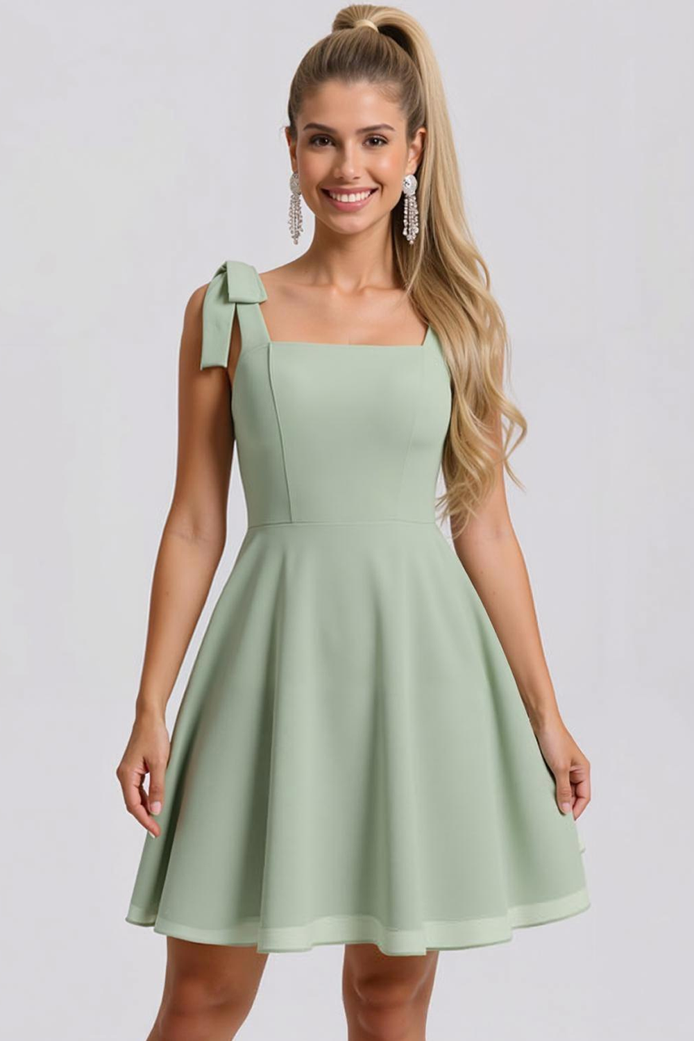 Celadon Flowy Chiffon A Line Square Neck Short Bridesmaid Dress