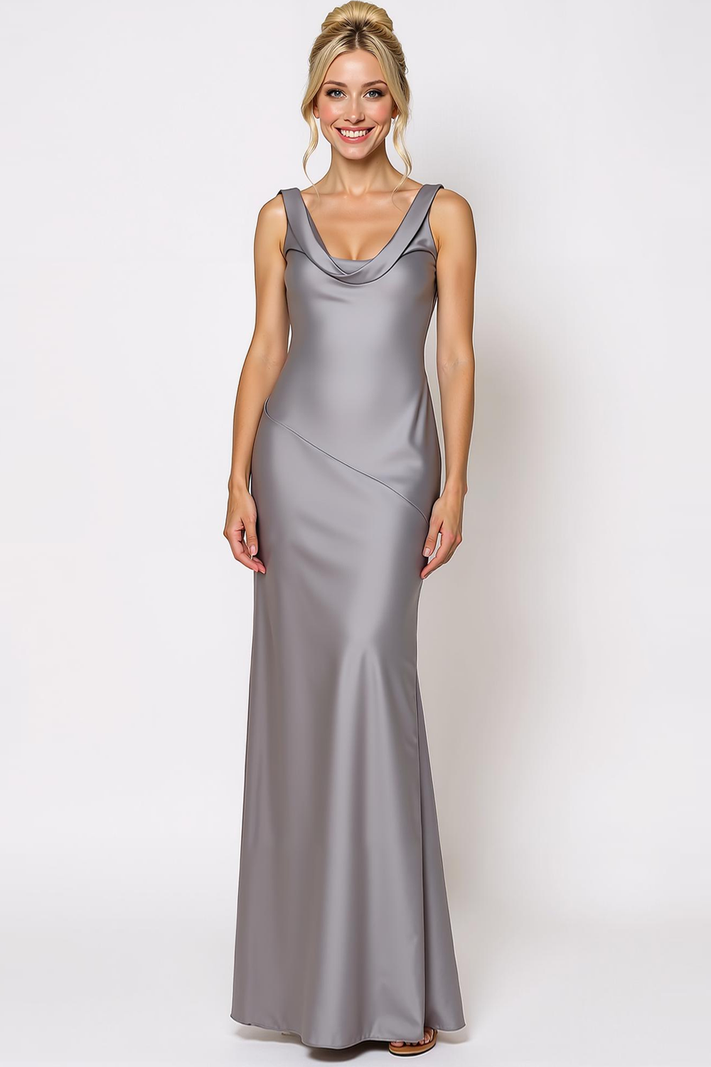 Leely Women Silver Mermaid Satin Long Wedding Guest Dress Backless Cowl Neck Wedding Party Dress