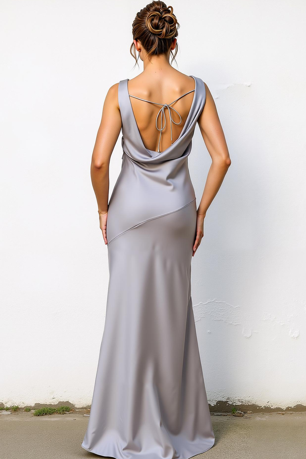 Simple Silver Mermaid Satin Cowl Neck Long Wedding Guest Dress