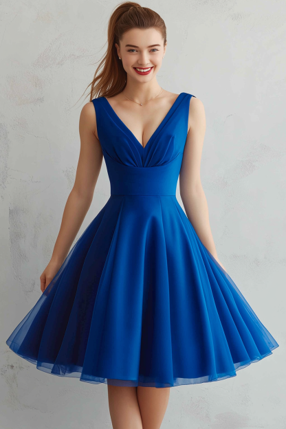 Royal Blue Chiffon A Line V-Neck Short Flowy Wedding Guest Dress