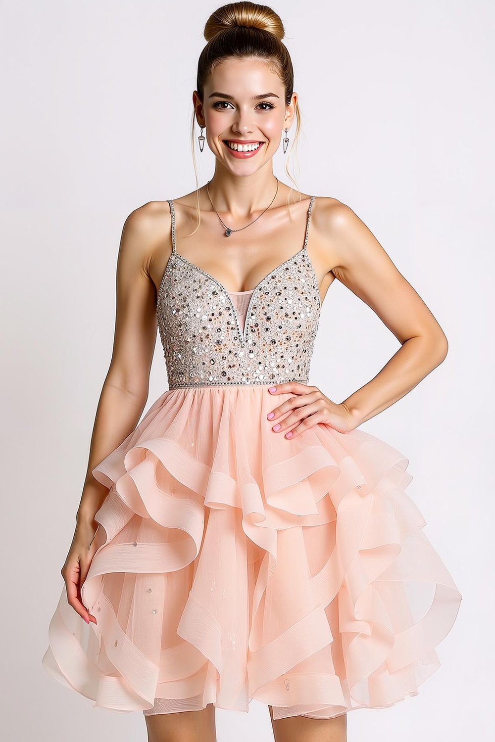 Leely Women Sparkly Pink Ruffled Short Cocktail Dress with Sequins A Line Spaghetti Straps Party Dress