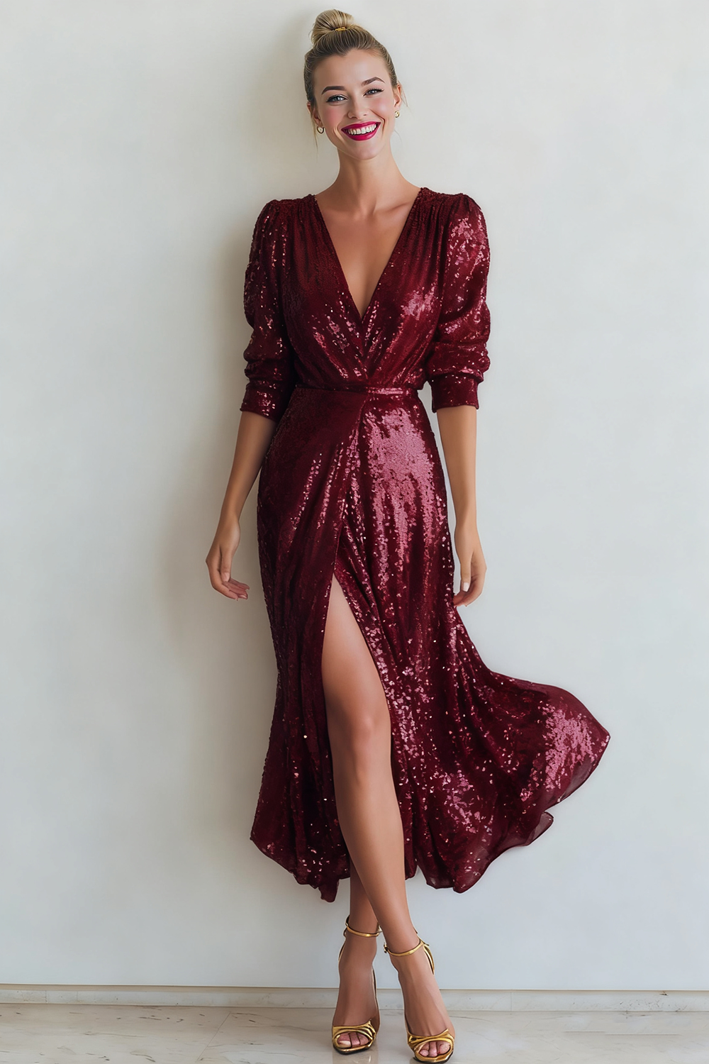 Sparkly Champagne Plus Size Sequins V-Neck Long Evening Dress with Slit