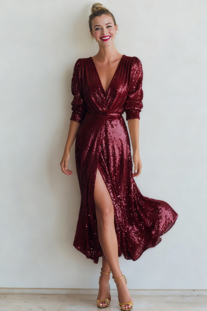 Sparkly Champagne Plus Size Sequins V-Neck Long Evening Dress with Slit