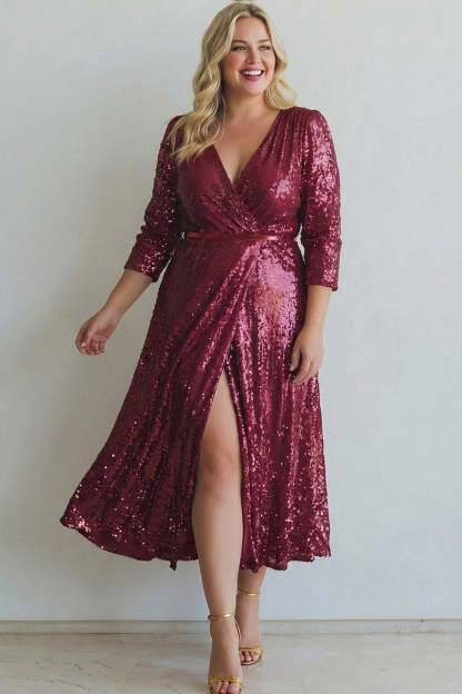 Leely Women Sparkly Champagne Plus Size Sequins Long Evening Dress with Slit Sheath V-Neck Formal Dress with Sleeves