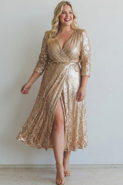 Sparkly Champagne Sequins V-Neck Long Evening Dress with Slit