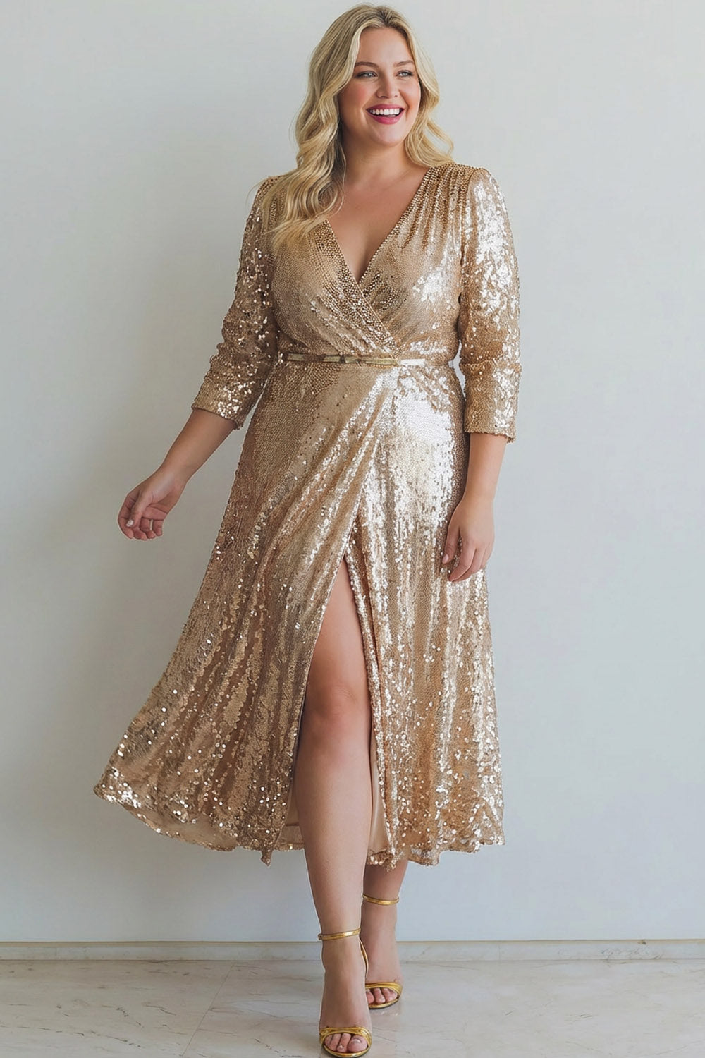 Sparkly Champagne Plus Size Sequins V-Neck Long Evening Dress with Slit