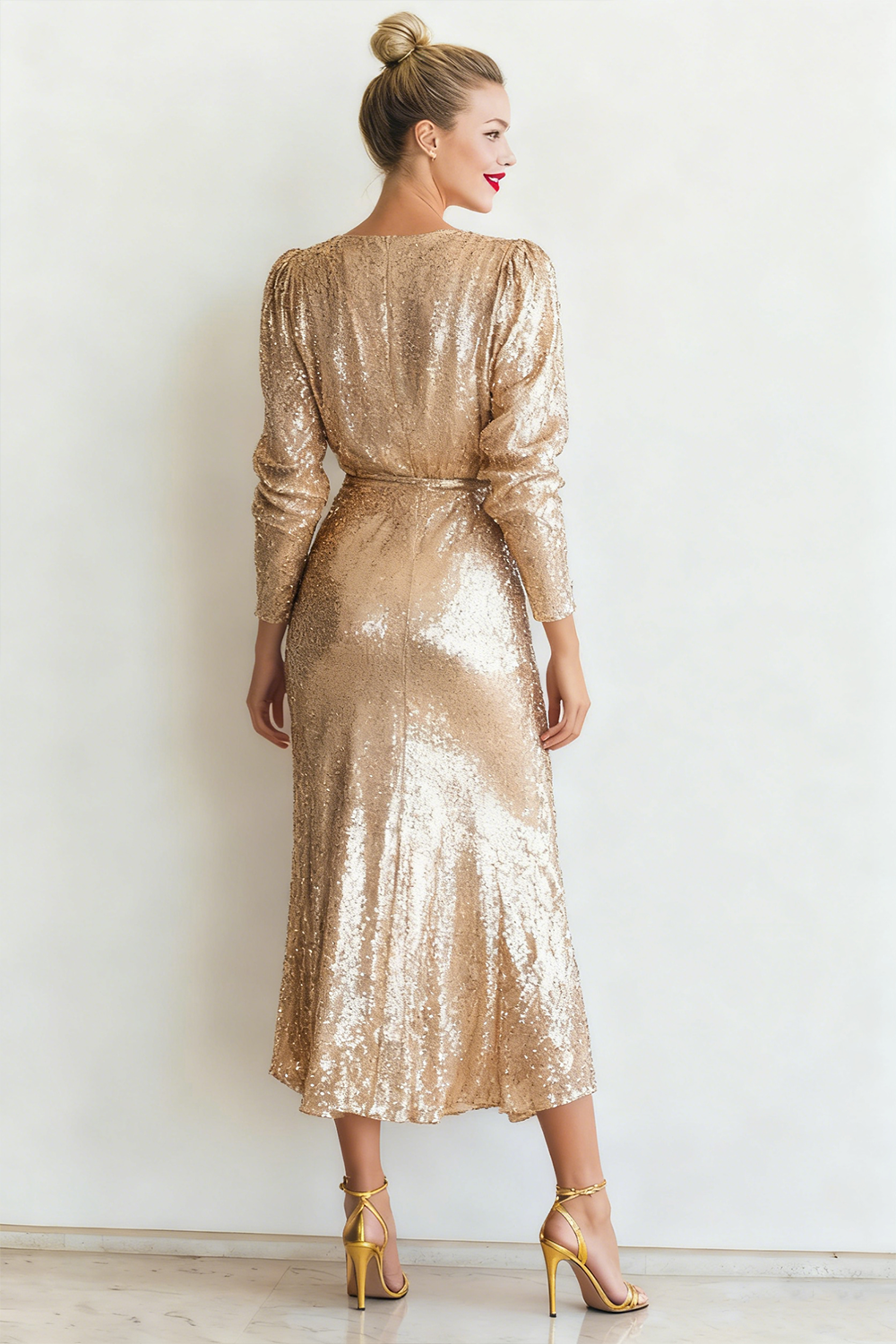 Sparkly Champagne Sequins V-Neck Long Evening Dress with Slit
