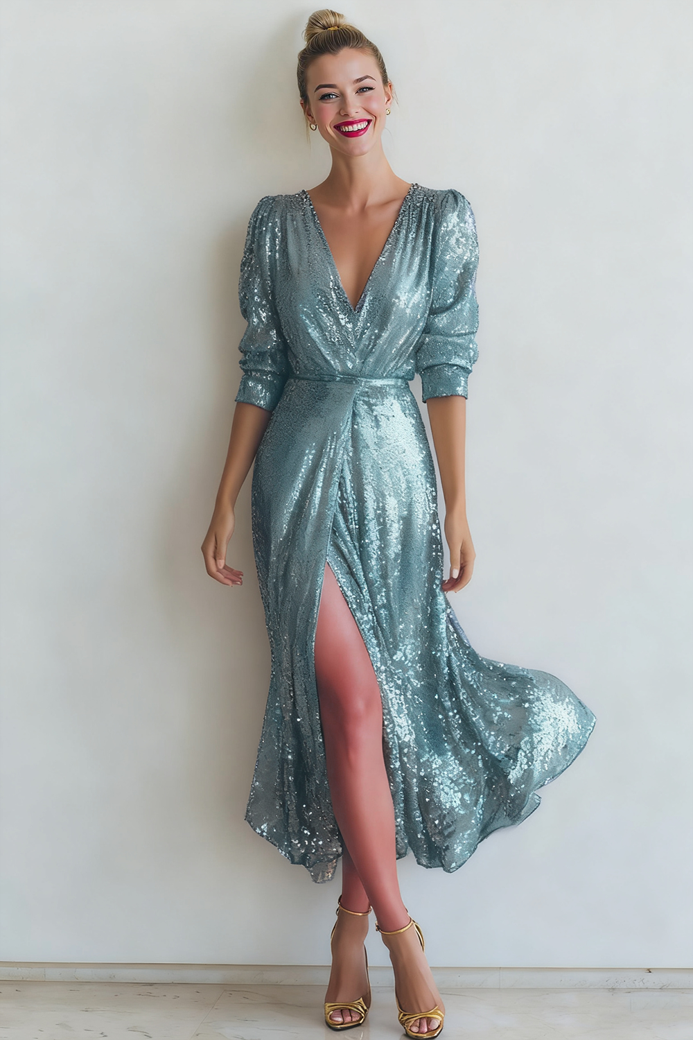 Sparkly Champagne Plus Size Sequins V-Neck Long Evening Dress with Slit